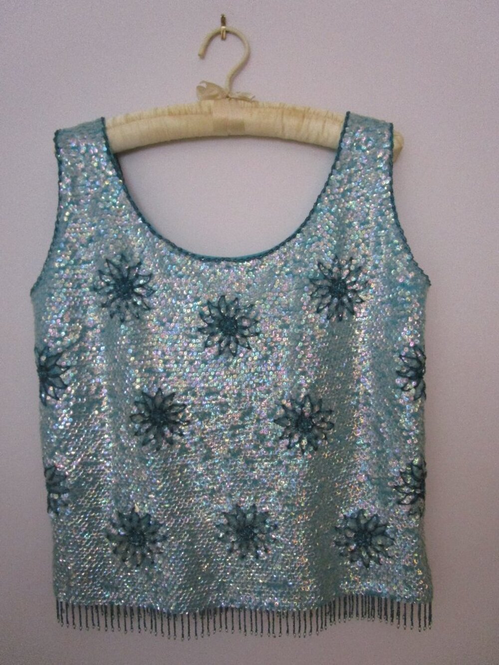Beaded Sequin Vintage Sleeveless Shell Boxy 1960s Metal Zipper Flapper Mermaid